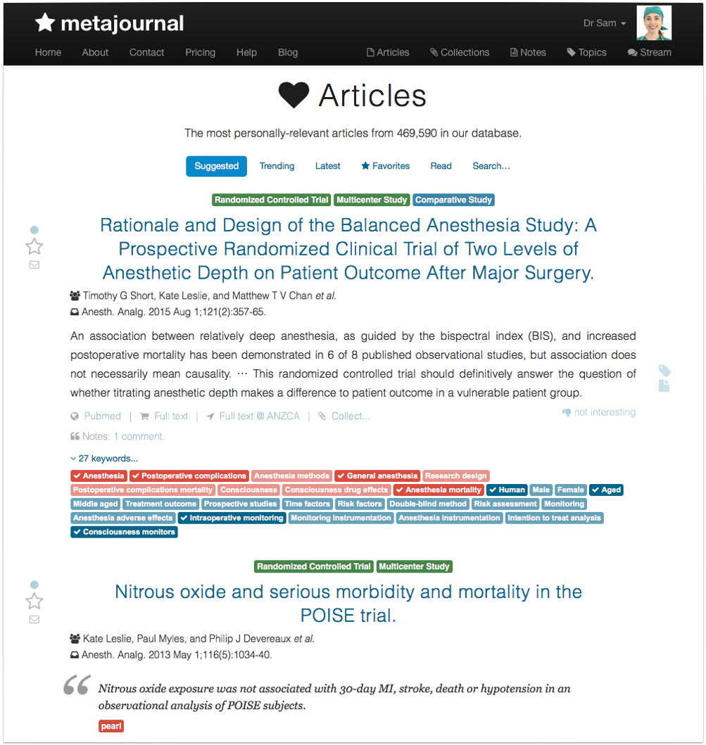 Metajournal medical article suggestions